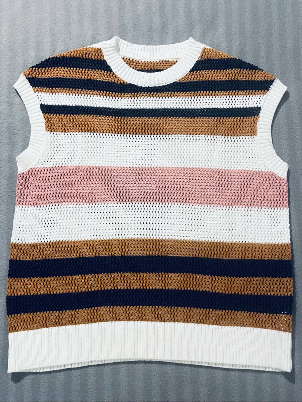 Striped Knit V-Neck Sweater Vest in Brown & Cream Pink